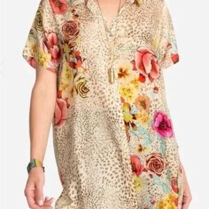 EUC Johnny Was leopard cheetah animal floral print silk tunic top blouse